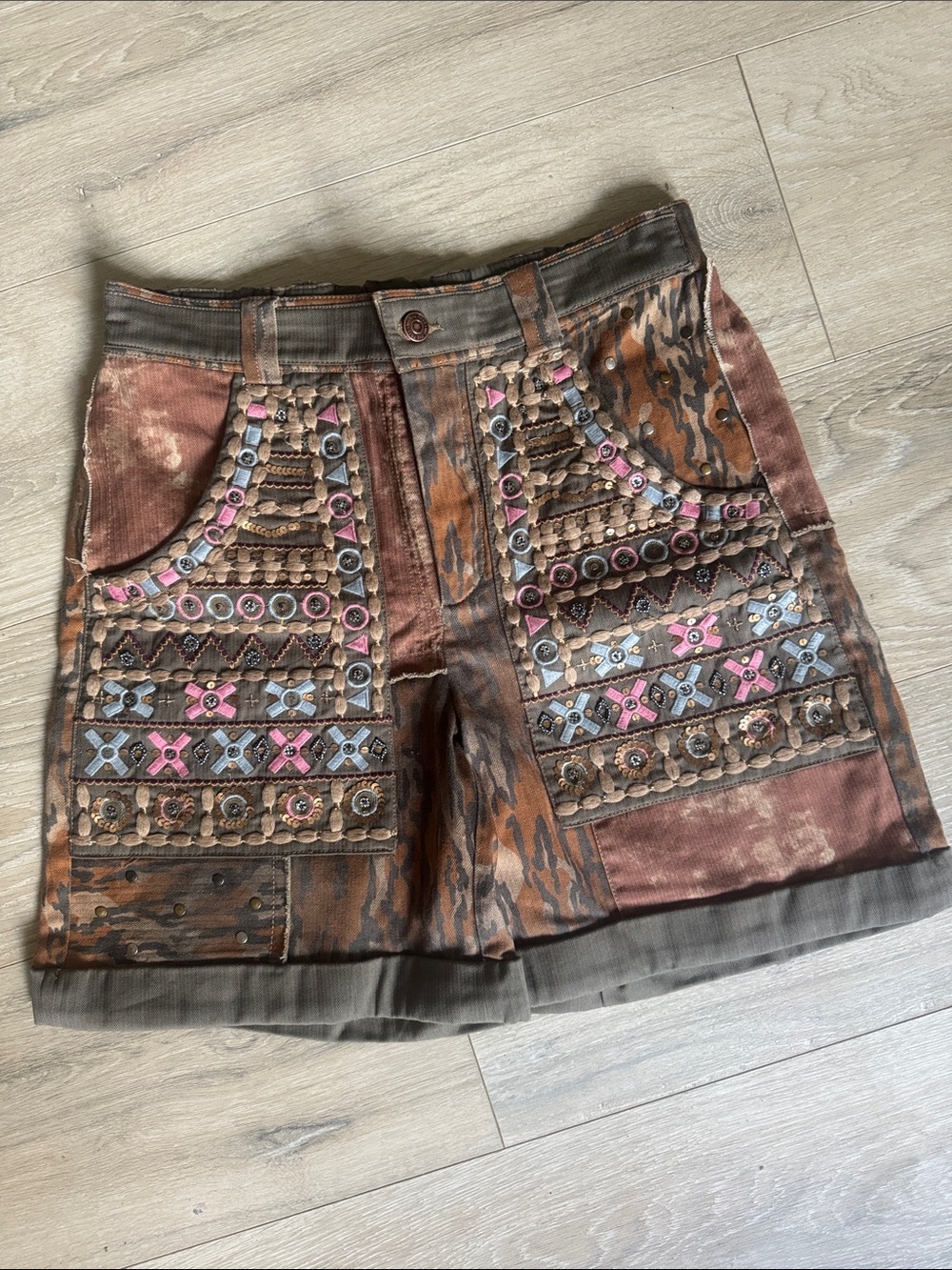 Free People Embellished Brown Patchwork Beaded Shorts/Sample Piece